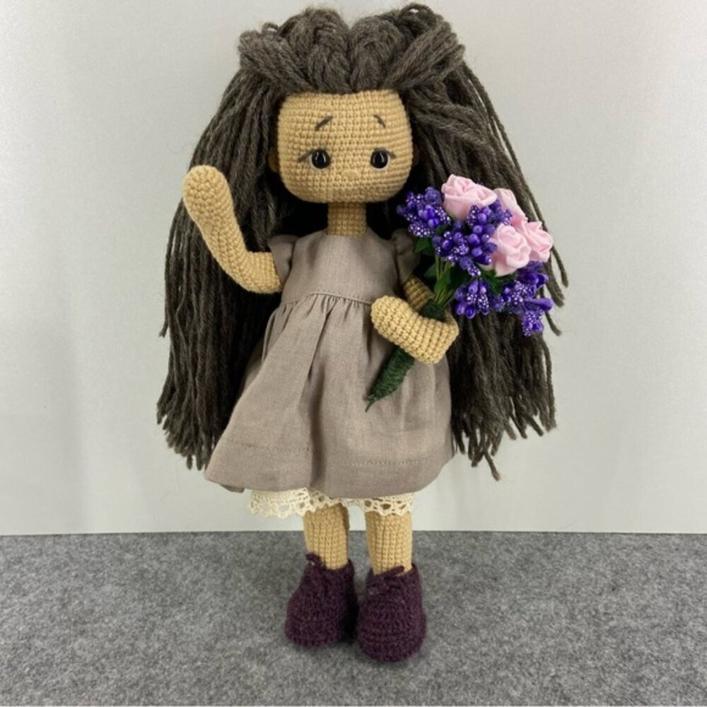 Handmade Crochet Doll with Brown Hair and Purple Boots - Picture 10 of 12